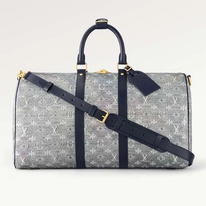 Louis Vuitton handbags with a metal - framed clasp for durabilityLouis Vuitton LV Unisex Keepall Bandoulière 45 Blue Monoglam Coated Canvas Cowhide Leather