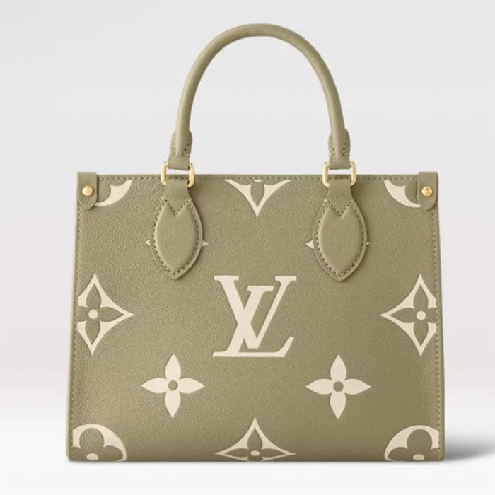 Louis Vuitton backpacks with a padded back panel for comfort during long - wearLouis Vuitton LV Women Onthego PM Light Khaki Cream Monogram Empreinte Embossed Grained Cowhide Leather