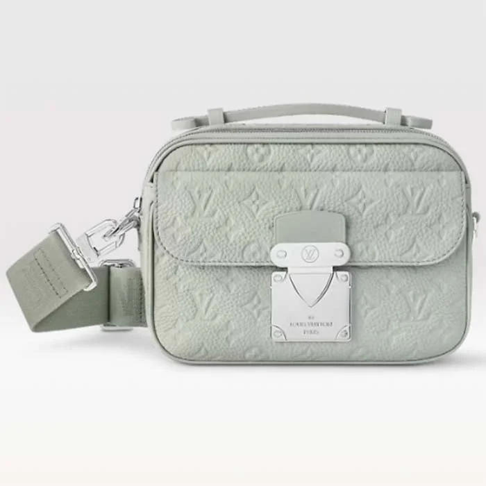 Ladies Louis Vuitton Petite Malle bags with a star - shaped charm for cutenessLouis Vuitton LV Unisex S Lock Messenger Mineral Gray Embossed Taurillon Monogram Cowhide Leather