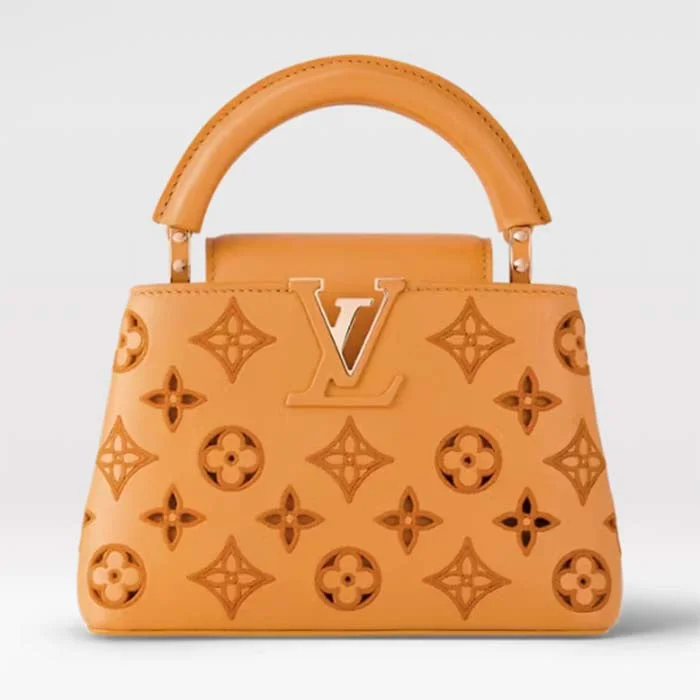 Louis Vuitton Twist bags with a contrast - colored interior for visual interestLouis Vuitton LV Women Capucines Mini Handbag Saffron Yellow Calfskin Leather Cowhide Lining