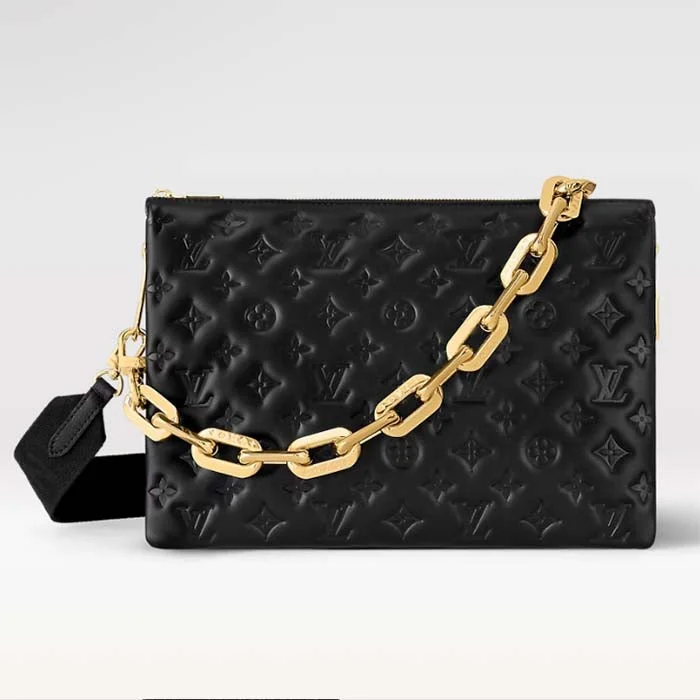 Louis Vuitton crossbody bags with a keychain holder for practicalityLouis Vuitton LV Women Coussin MM Handbag Black Monogram Embossed Puffy Lambskin