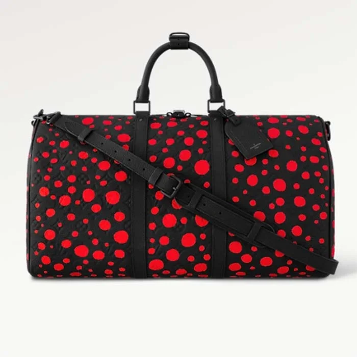 Louis Vuitton bags with a snap - button closure and a decorative charm for styleLouis Vuitton Unisex LV x YK Bandoulière Keepall 50 Black Red Taurillon Monogram Cowhide Infinity Dots