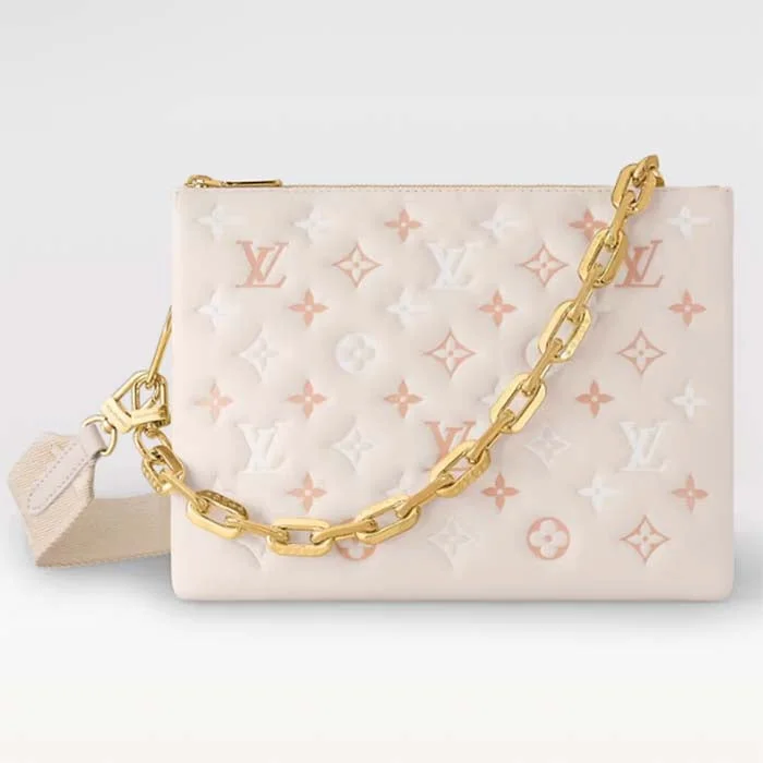 Ladies Louis Vuitton shoulder bags with a tassel decoration for charmLouis Vuitton LV Women Coussin PM Handbag Crème Beige Lambskin Cowhide Leather