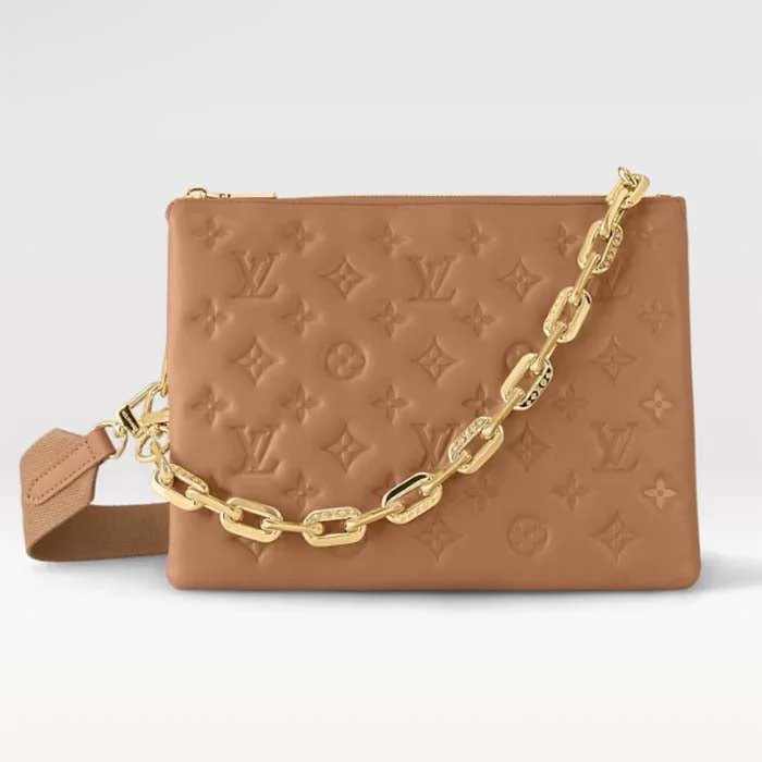 Louis Vuitton Alma bags with a monogram - embossed leather surfaceLouis Vuitton LV Women Coussin PM Handbag Camel Monogram Embossed Puffy Lambskin Calfskin Leather