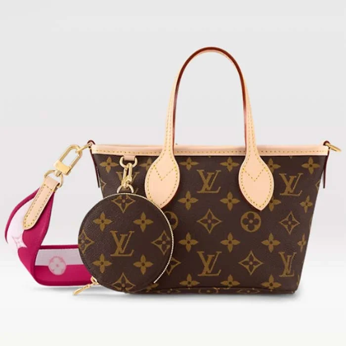 Louis Vuitton handbags with a metal - framed clasp for durabilityLouis Vuitton LV Women Neverfull BB Peony Pink Monogram Coated Canvas Natural Cowhide Leather