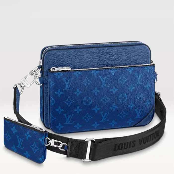 Louis Vuitton Alma bags featuring the signature top - handle designLouis Vuitton LV Unisex Trio Messenger Cobalt Blue Monogram Coated Canvas Taiga Cowhide Leather