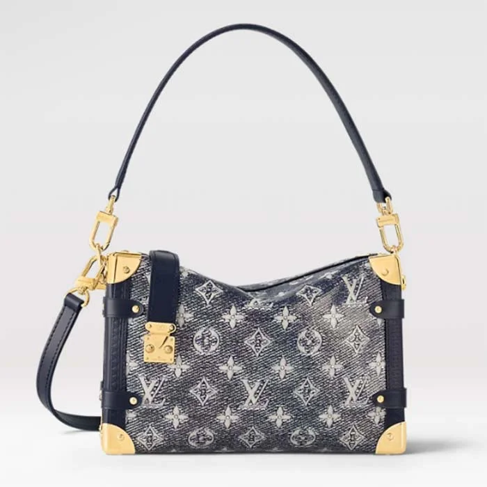 Louis Vuitton tote bags with a printed LV logo on the front for brand visibilityLouis Vuitton LV Unisex Side Trunk Blue Monogram Coated Canvas Cowhide Leather