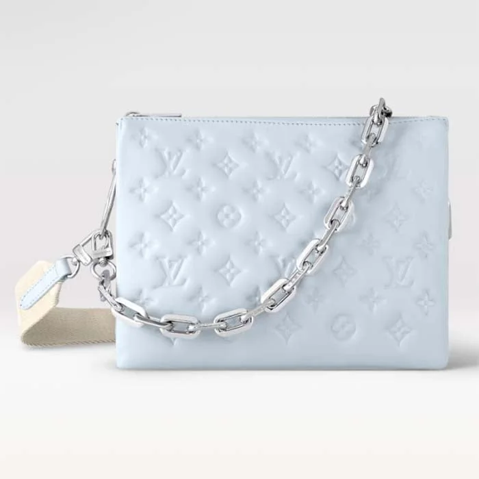 Louis Vuitton bags with a detachable mobile phone holder for convenienceLouis Vuitton LV Women Coussin PM Handbag Ice Blue Lambskin Cowhide Leather Zip Closure