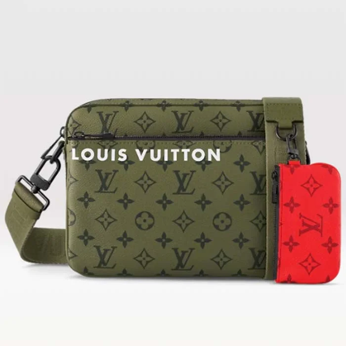 Louis Vuitton bags with a snap - button closure and a decorative charm for styleLouis Vuitton LV Unisex Trio Messenger Khaki Green Vermillion Red Monogram Canvas Cowhide Leather