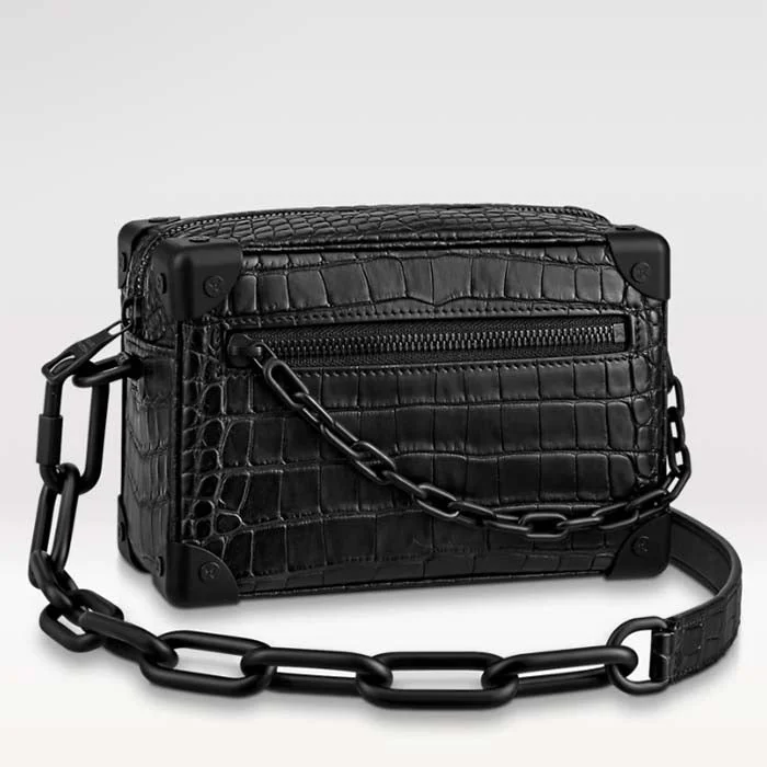 Louis Vuitton crossbody bags with a woven leather strap for textureLouis Vuitton LV Unisex Mini Soft Trunk Bag Black Interior Flat External Zipped Pocket