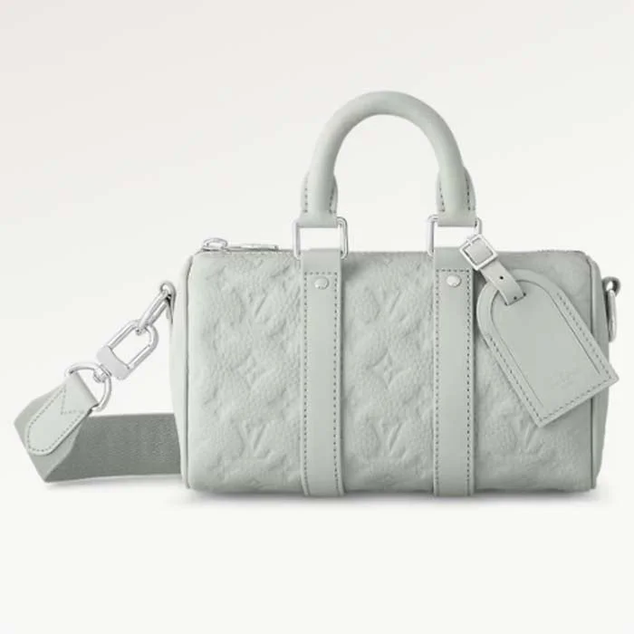 Louis Vuitton tote bags with a printed LV logo on the front for brand visibilityLouis Vuitton LV Unisex Keepall Bandoulière 25 Mineral Gray Embossed Taurillon Monogram Cowhide Leather