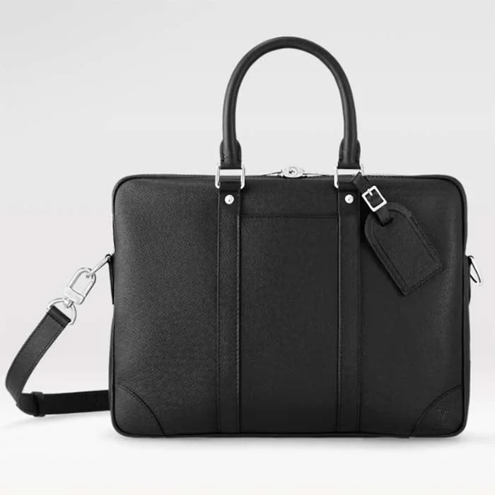 Ladies Louis Vuitton shoulder bags with a single - handle silhouetteLouis Vuitton LV Uniisex Porte-Documents Voyage PM Black Taiga Noir Cowhide Leather