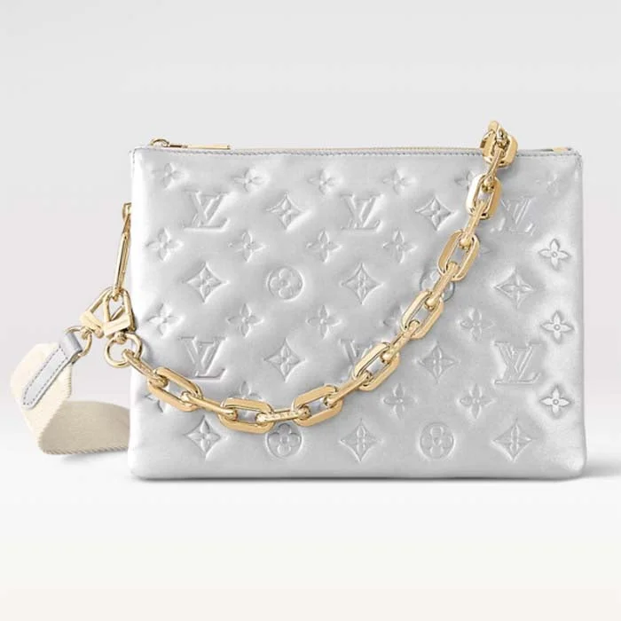 Louis Vuitton Twist bags with the iconic LV - turnlock closureLouis Vuitton LV Women Coussin PM Handbag Silver Lambskin Cowhide Lining Zip Closure