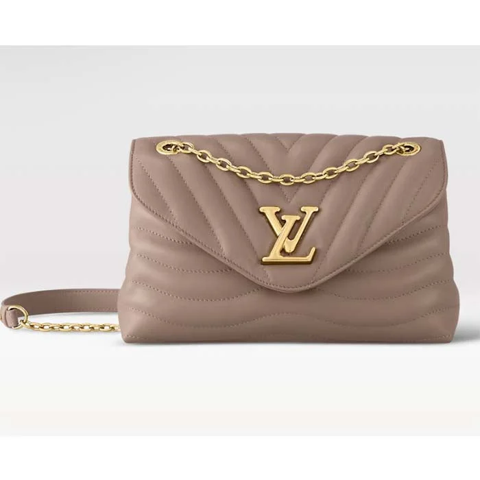 Louis Vuitton Twist bags with a contrast - colored interior for visual interestLouis Vuitton LV Women New Wave Chain Bag GM Dark Taupe Quilted Smooth Calf Leather