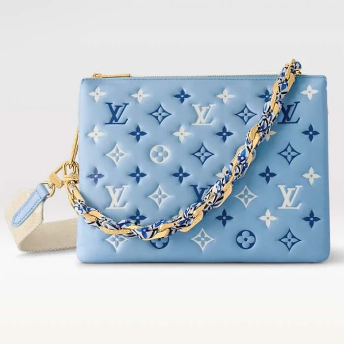 Louis Vuitton bags with a detachable mobile phone holder for convenienceLouis Vuitton LV Women Coussin PM Handbag Blue Lambskin Silk Scarf Cowhide Leather