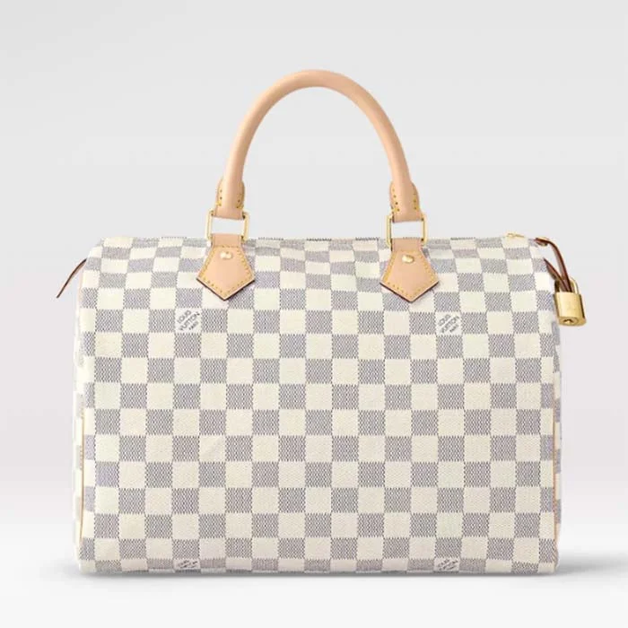 Louis Vuitton backpacks with a padded back panel for comfort during long - wearLouis Vuitton LV Unisex Speedy 30 Damier Azur Coated Canvas Natural Cowhide Leather