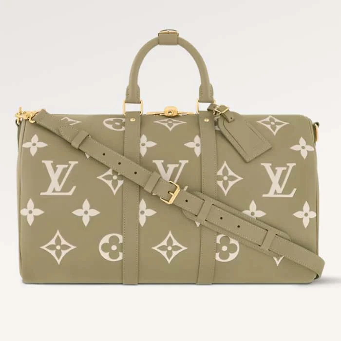 Louis Vuitton handbags with a beaded trim for a touch of glamourLouis Vuitton LV Unisex Keepall Bandoulière 45 Kaki Fango Cream Monogram Empreinte Embossed Cowhide Leather