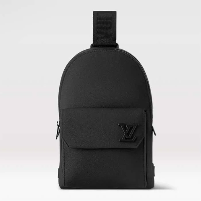 Louis Vuitton tote bags with a printed LV logo on the front for brand visibilityLouis Vuitton Unisex LV Pilot Slingbag Aerogram Collection Black Cowhide Leather Textile Lining