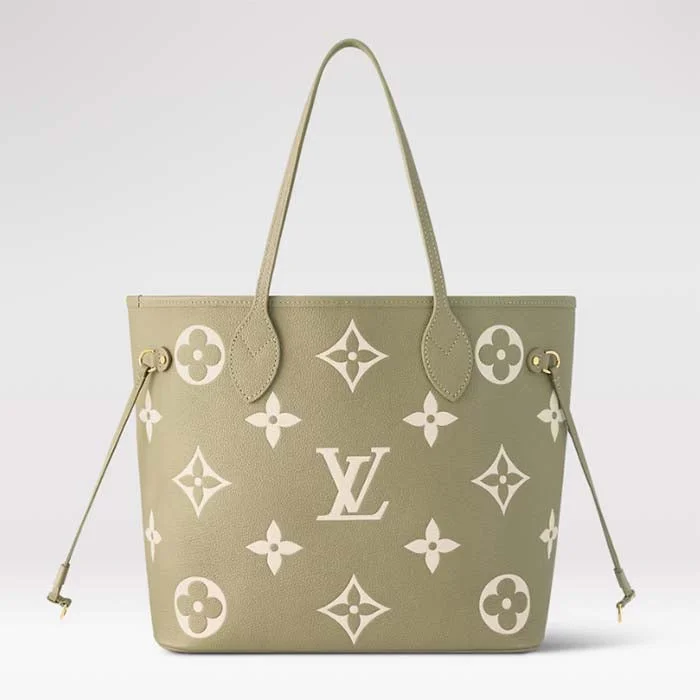 Louis Vuitton handbags with a patent - leather finish for a shiny lookLouis Vuitton Women LV Neverfull MM Light Khaki Cream Monogram Empreinte Embossed Grained Cowhide Leather