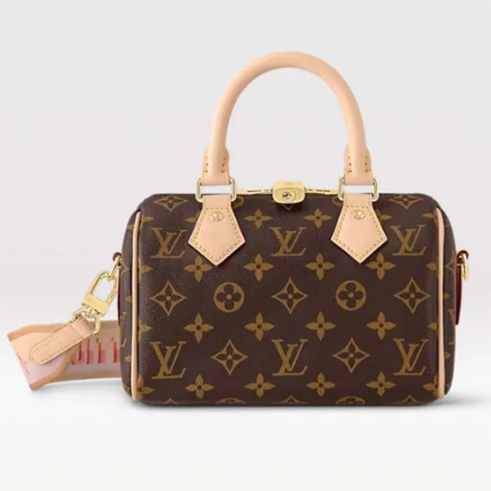 Louis Vuitton Alma bags with a monogram - embossed leather surfaceLouis Vuitton LV Women Speedy Bandoulière 20 Handbag Pink Orange Monogram Coated Canvas