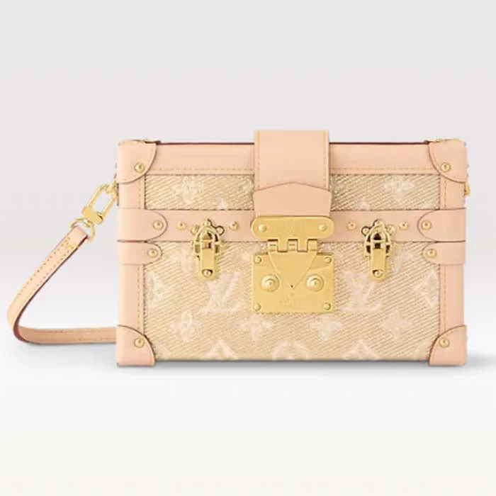 Louis Vuitton bags with a detachable mirror inside for on - the - go touch - upsLouis Vuitton Women Petite Malle Beige Monogram Coated Canvas Cowhide Leather Sheepskin