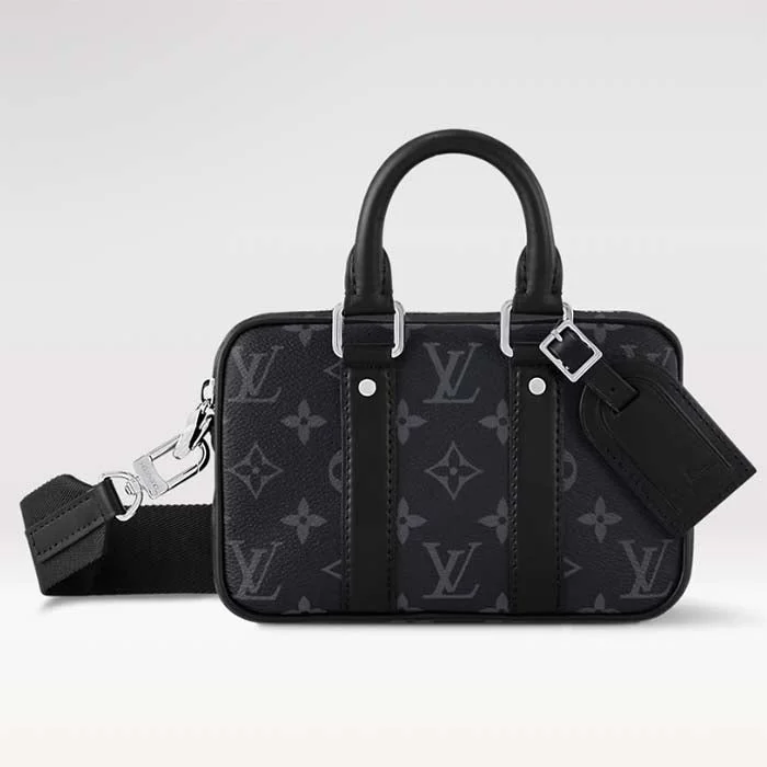 Louis Vuitton bags with a chain - link trim and a leather body for a modern edgeLouis Vuitton LV Unisex Nano Porte Documents Voyage Monogram Eclipse Coated Canvas Cowhide Leather