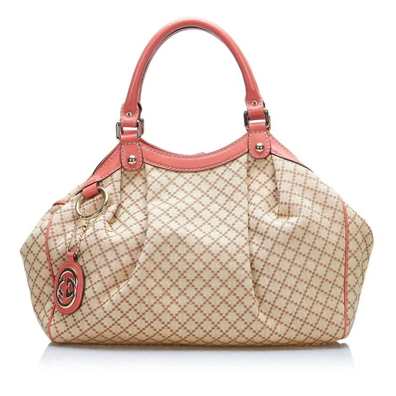 Women Gucci bags with a front - zip pocket for small itemsGucci Diamante Suki Handbag Tote Bag 211944 Beige Pink Canvas Leather Ladies Gucci