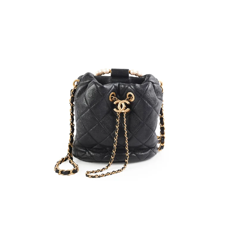 Chanel New Arrival Handbag with Gold HardwareChanel Pearl Top Handle Bucket Bag Lambskin Black