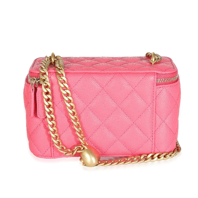 Chanel Quilted Leather Shoulder Bag for FashionistasCHANEL 23P Pink Quilted Caviar Sweetheart Vanity Case With Chain