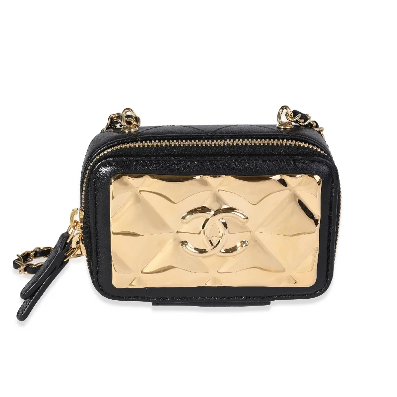 Chanel Luxury Handbag for High - End EventsChanel Gold Quilted Metal & Black Lambskin Mini Vanity Bag