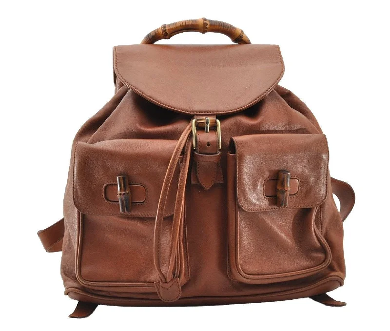 Ladies Gucci shoulder bags with a magnetic - closure flapAuthentic GUCCI Bamboo Vintage Drawstring Backpack Leather Brown 8155I