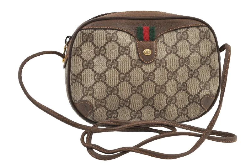 Women Gucci Sylvie bags with a monogram - embossed leatherAuthentic GUCCI Web Sherry Line Shoulder Bag GG PVC Leather Brown Junk 9618I