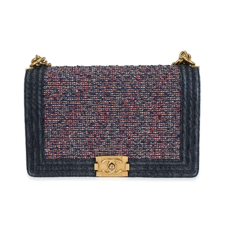 Chanel Designer Handbag with Unique DesignChanel Blue Denim & Multicolor Boucle New Medium Boy Bag