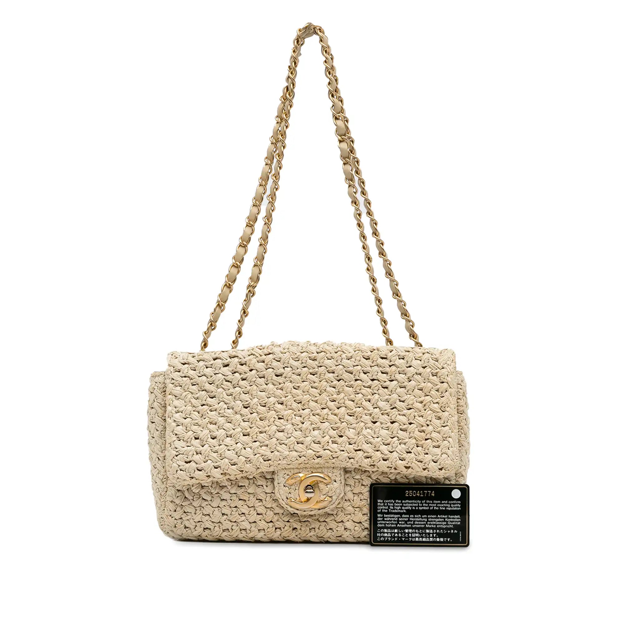 Chanel Handbag with Adjustable Strap for ComfortChanel Single Flap Medium Brown Crochet Raffia Gold