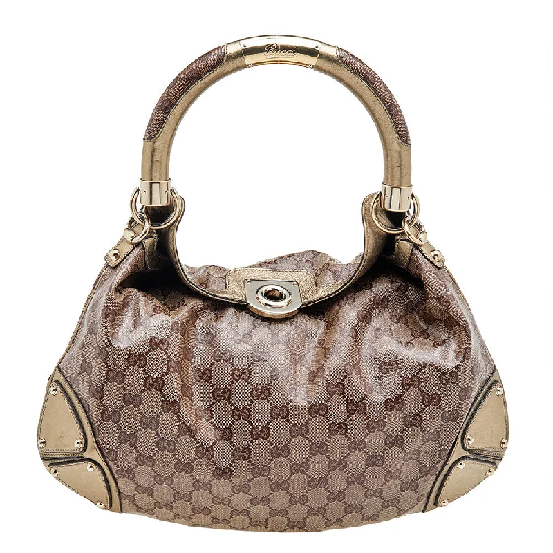 Women Gucci crossbody bags with a printed floral patternGucci Beige/Gold GG Crystal Canvas and Leather Medium Babouska Indy Hobo