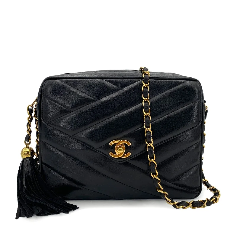 Chanel Luxury Handbag for High - End EventsCHANEL VINTAGE FRINGE CHAIN SHOULDER BAG BLACK LAMB SKIN 90242958