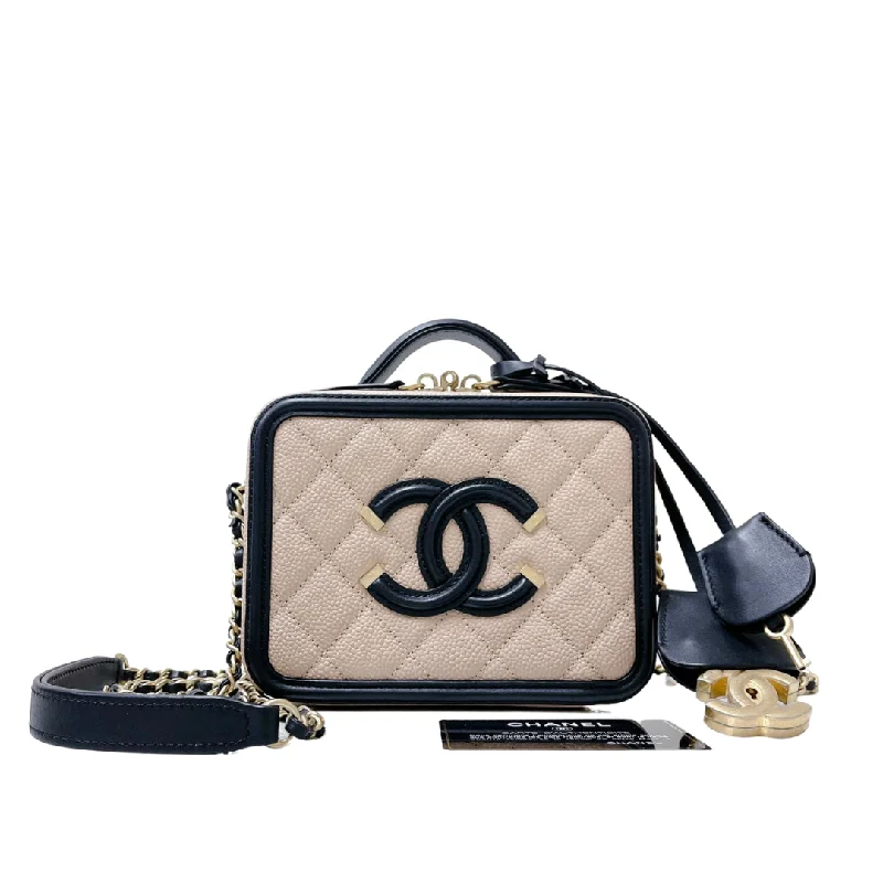 Chanel Designer Handbag with Unique DesignFiligree Vanity Case Caviar Small Beige/Black GHW