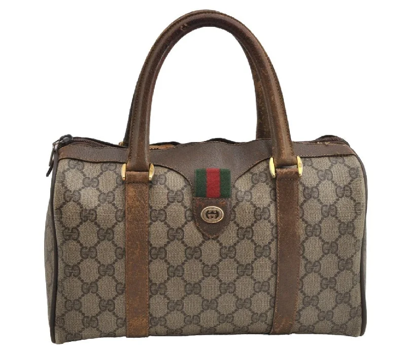 Gucci handbags for women with a metal - framed claspAuthentic GUCCI Web Sherry Line Hand Boston Bag GG PVC Leather Brown Junk 8272I