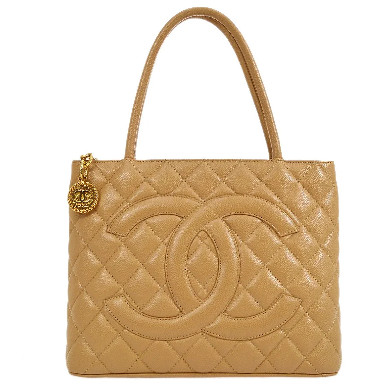 Chanel All - Match Handbag for Versatile StylingCHANEL 2003-2004 Beige Caviar Medallion Tote