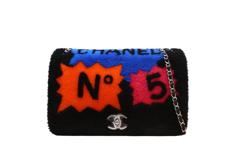 Chanel Handbag with Adjustable Strap for ComfortCHANEL 2014 SUPERMARKET COMIC BLACK MULTICOLOR SHEARLING FLAP BAG