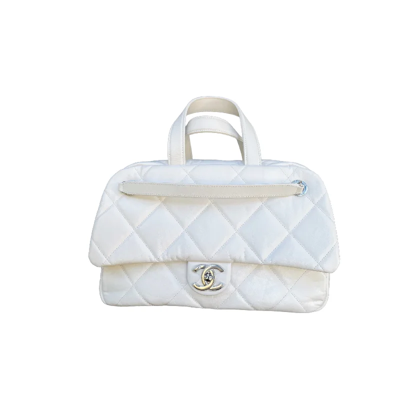 Chanel Handbag with Adjustable Strap for ComfortAged Calfskin Quilted Express Bowling White SHW