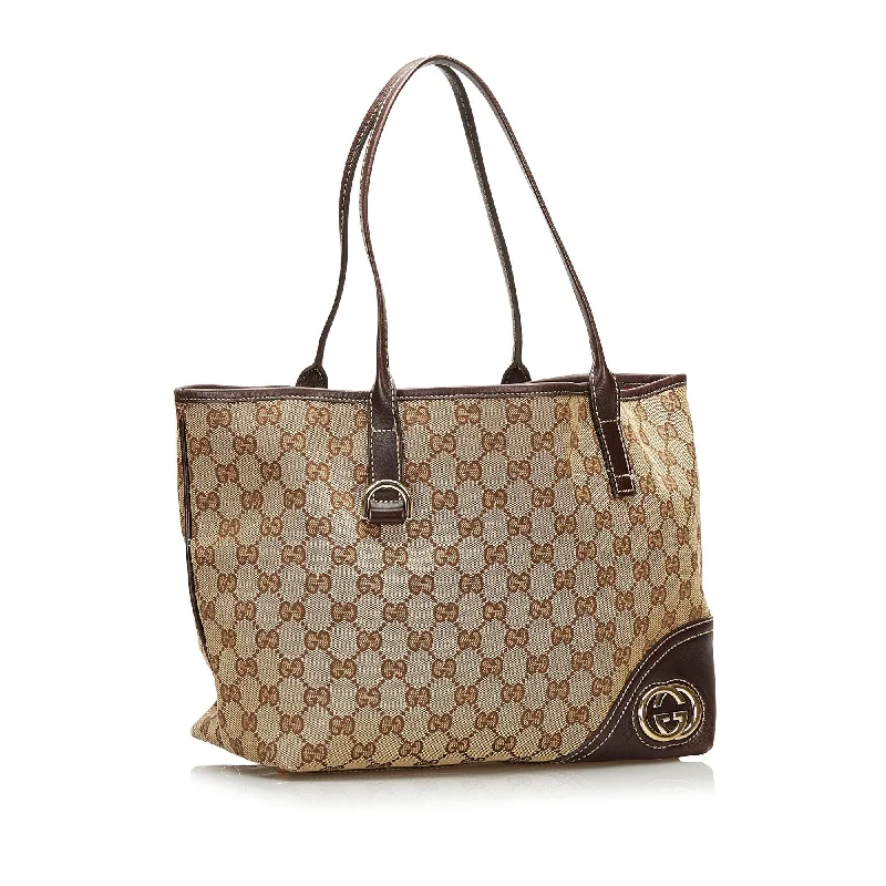 Women Gucci Sylvie bags with a leather - wrapped handleGucci GG Canvas New Britt Tote (35626)