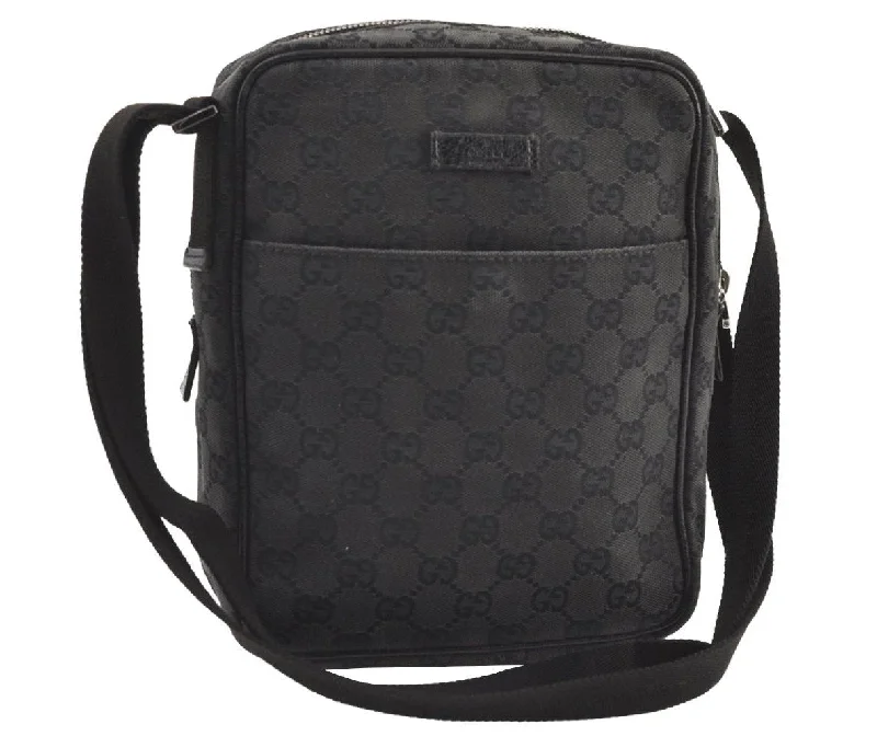 Women Gucci bags with a chain - link trim and a leather bodyAuthentic GUCCI Shoulder Cross Body Bag GG Canvas Leather 122759 Black 9639I