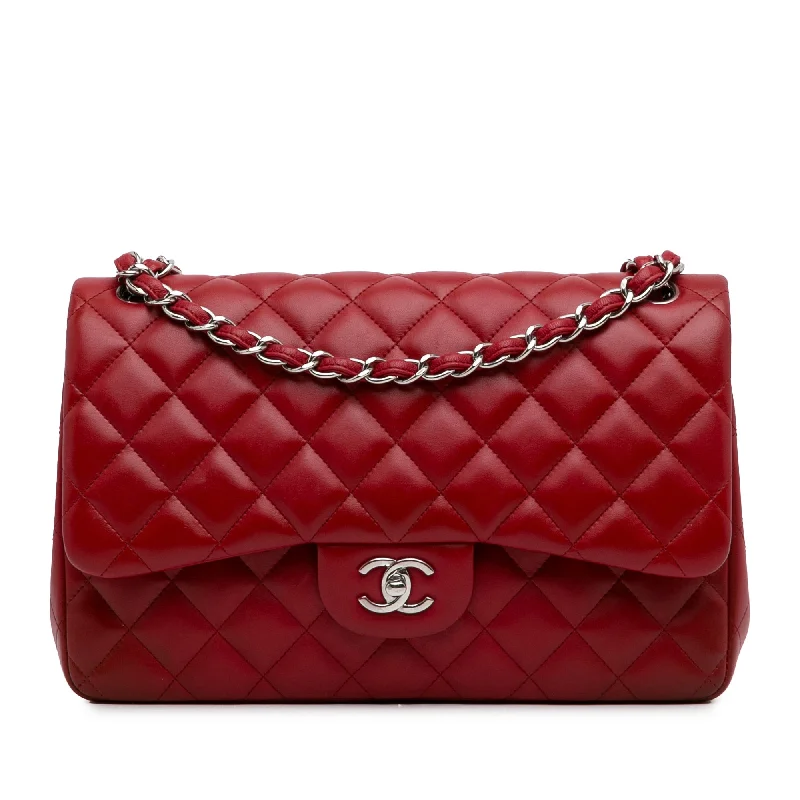 Chanel Handbag with Adjustable Strap for ComfortChanel Classic Double Flap Jumbo Red Lambskin Silver