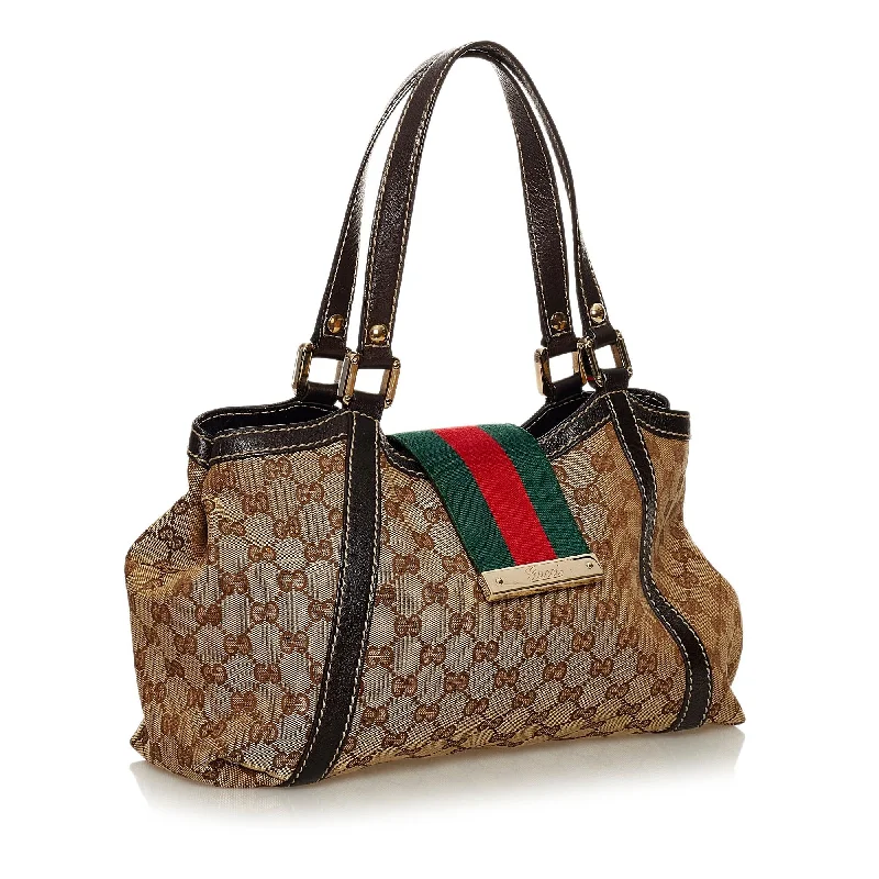 Gucci tote bags for women with a double - handle designGucci GG Canvas New Ladies Web Tote Bag (29665)