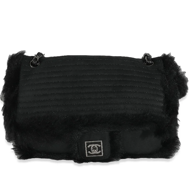 Chanel Designer Handbag with Unique DesignChanel Black Horizontal Stitch Shearling CC Flap Bag