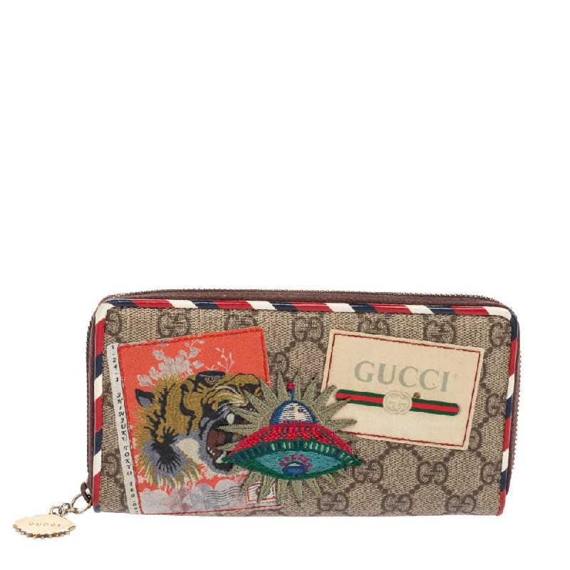 Gucci handbags for women with a metal - framed claspGucci Beige/Brown GG Supreme Canvas And Leather Applique Courrier Zip Around Wallet