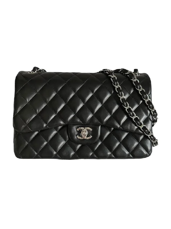 Chanel Handbag with Adjustable Strap for ComfortChanel Double Flap Jumbo Black Lambskin SHW SKC1335