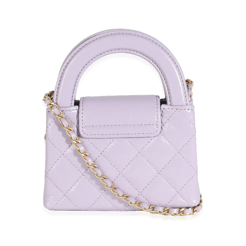 Chanel Chain Strap Handbag for Everyday UseCHANEL 24P Light Purple Quilted Shiny Aged Calfskin Mini Nano Kelly Shopper