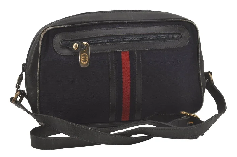 Ladies Gucci shoulder bags with a single - handle designAuthentic GUCCI Sherry Line Micro GG Canvas Leather Shoulder Bag Navy Blue 8377I